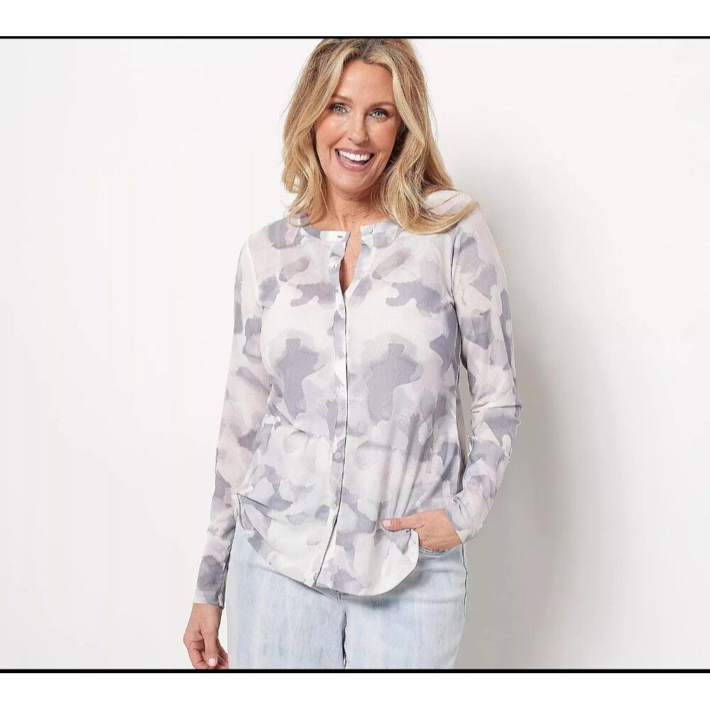 Logo By Lori Goldstein Women's XL Button-Up Watercolor Gray Mesh Sheer Top